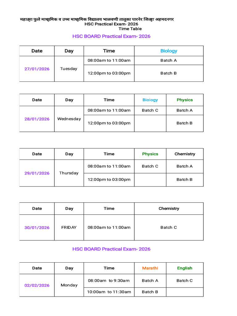 HSC Practical Exam Time Table 2026 | PDF