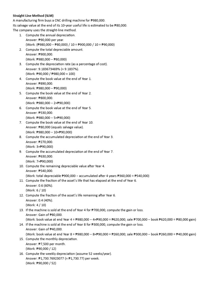 Straight Line Depreciation Calculations | PDF | Depreciation | Book Value