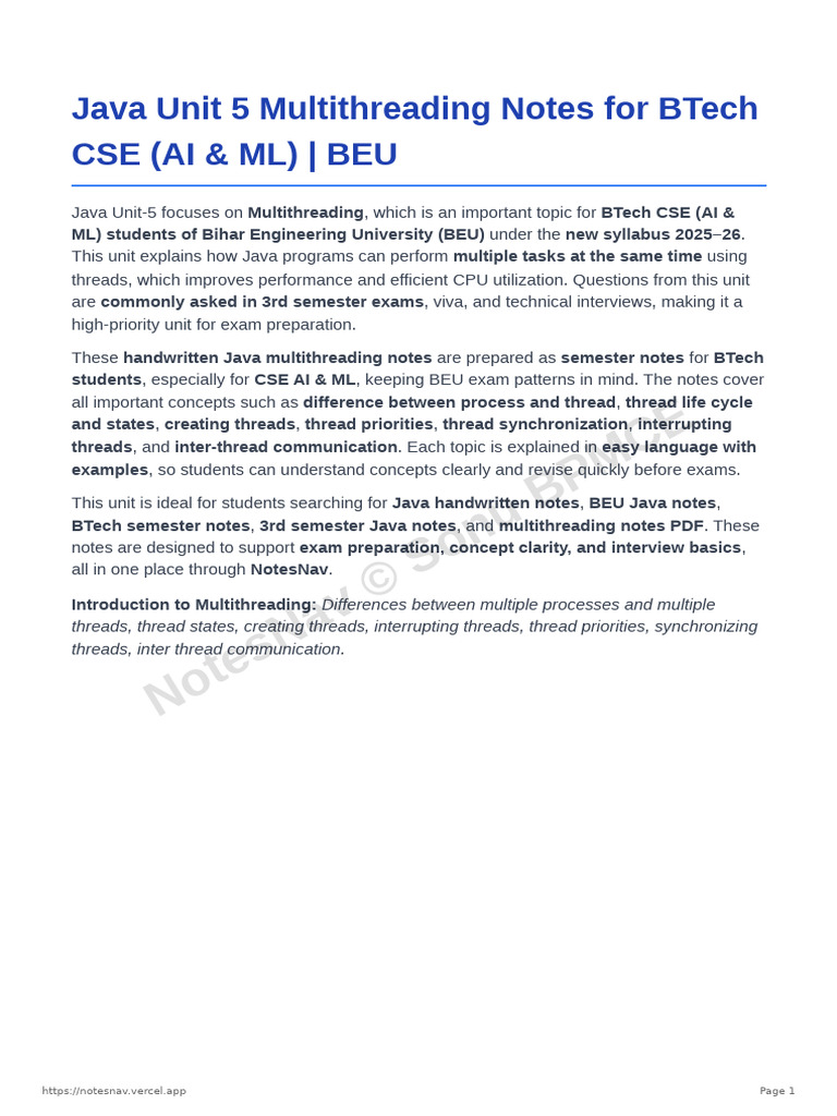 Java Multithreading Notes for BTech CSE | PDF | Process (Computing ...
