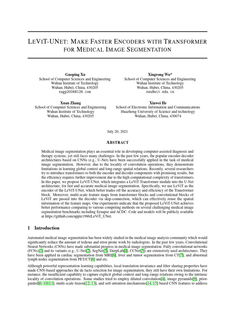 LeViT-UNet: Fast Medical Image Segmentation | PDF