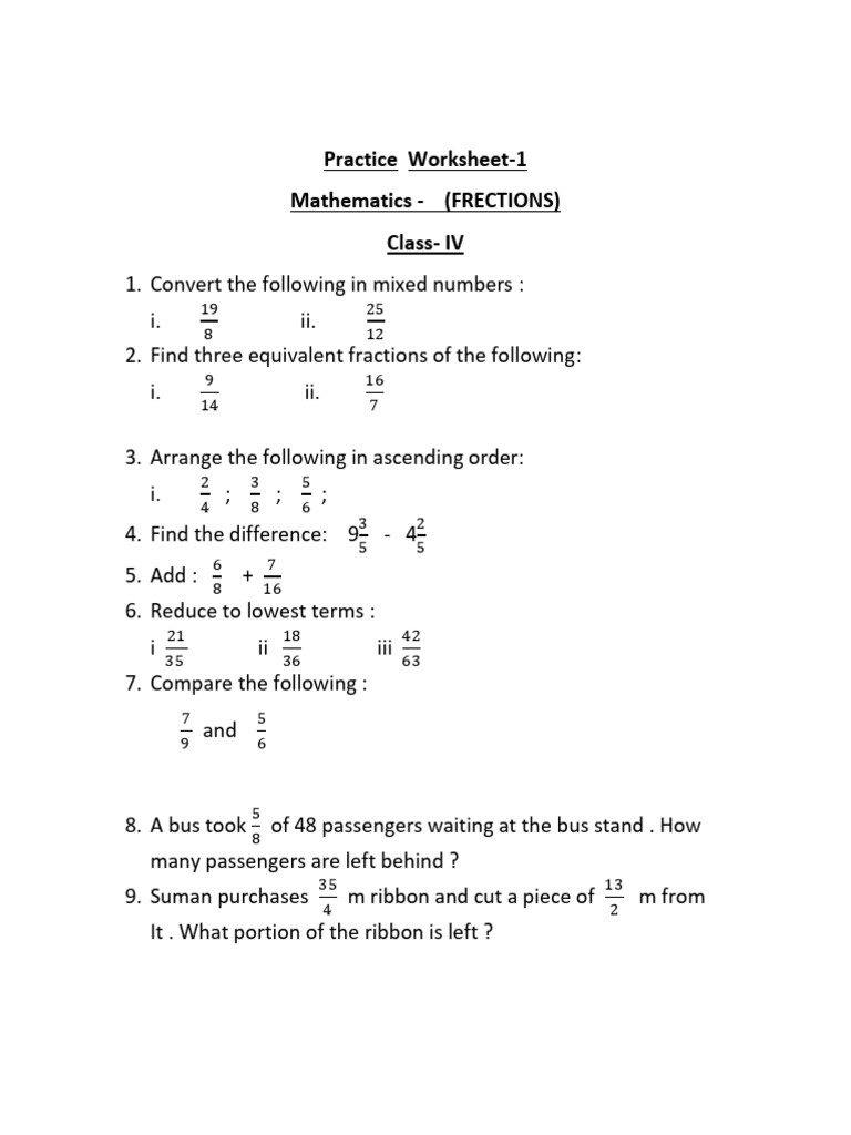 Math Worksheet: Fractions for Class IV | PDF