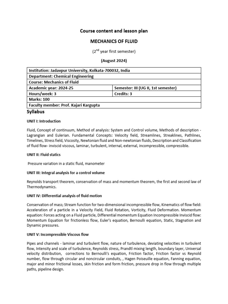 Mechanics of Fluid Course Syllabus | PDF | Fluid Dynamics | Fluid Mechanics