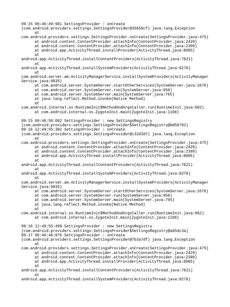 SettingsProvider OnCreate Exceptions Log | PDF | Java (Programming ...