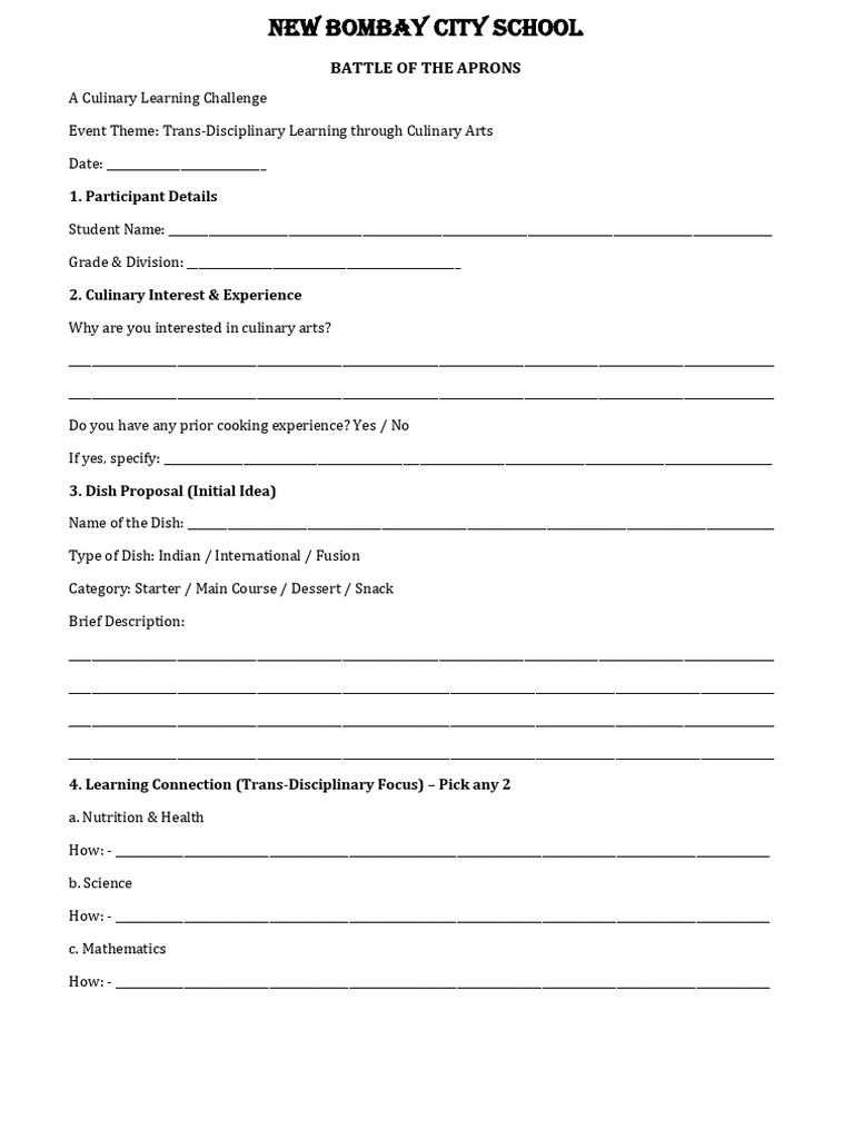 Culinary Arts Challenge Registration Form | PDF