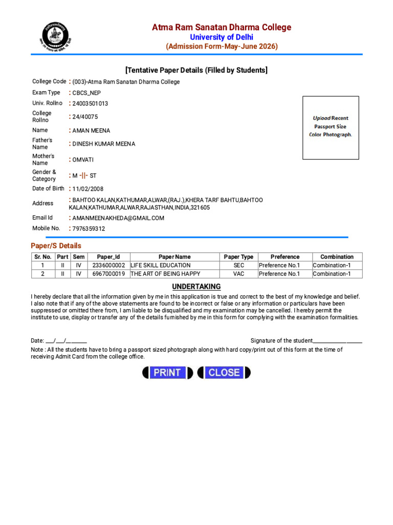 Admission Form for ARSD College 2026 | PDF