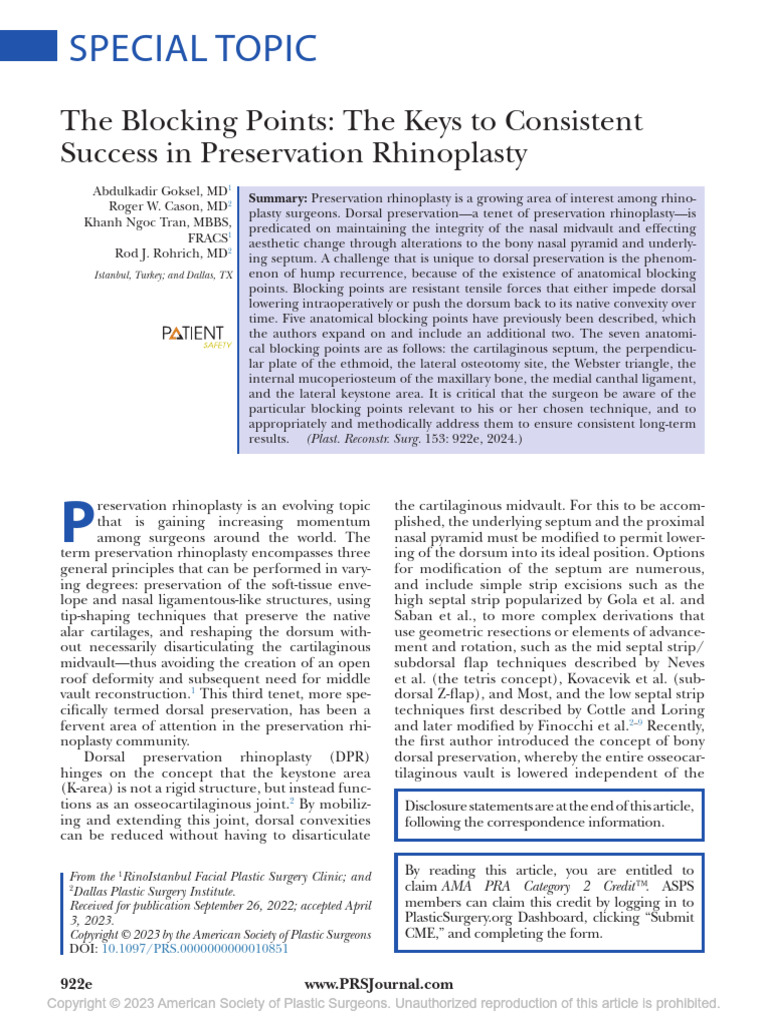 Key Blocking Points in Dorsal Preservation Rhinoplasty | PDF | Human ...
