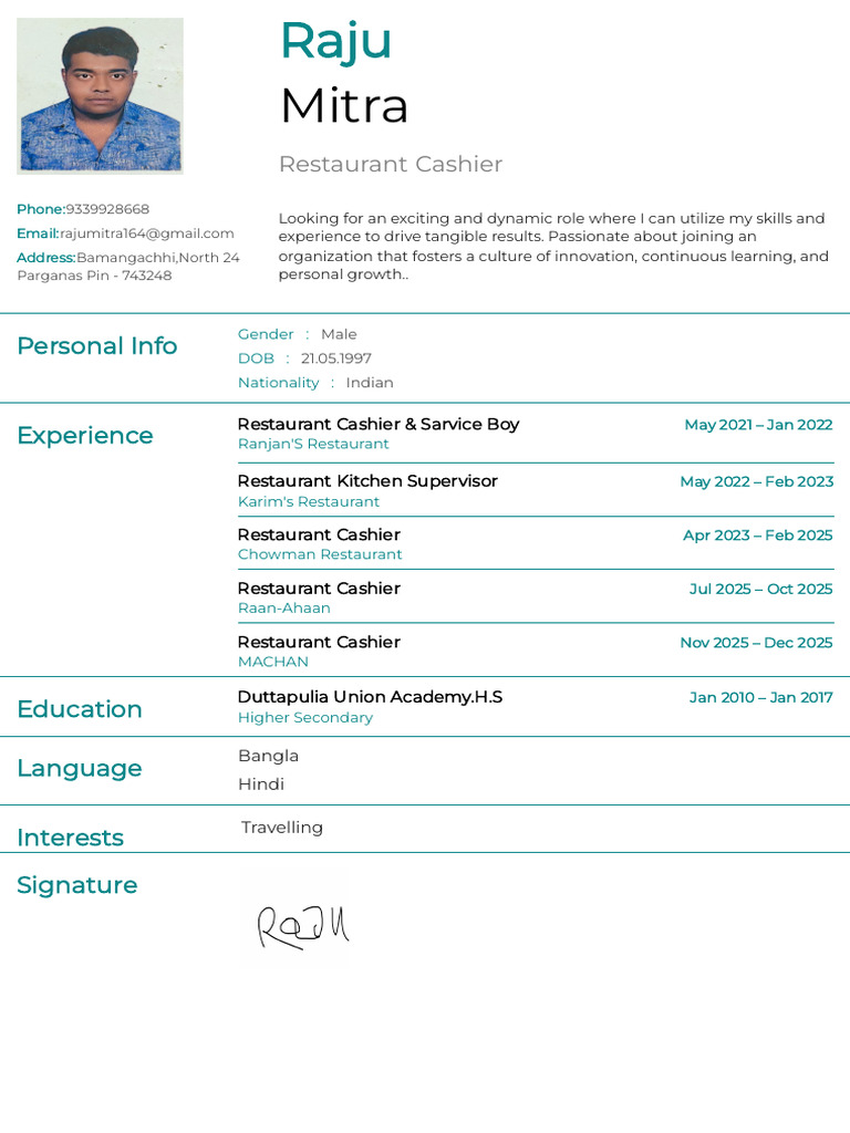 Raju Mitra - Restaurant Cashier CV | PDF