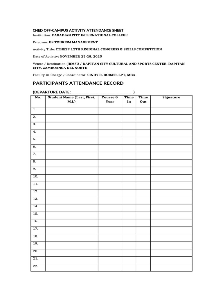 Off-Campus Activity Attendance Sheet | PDF