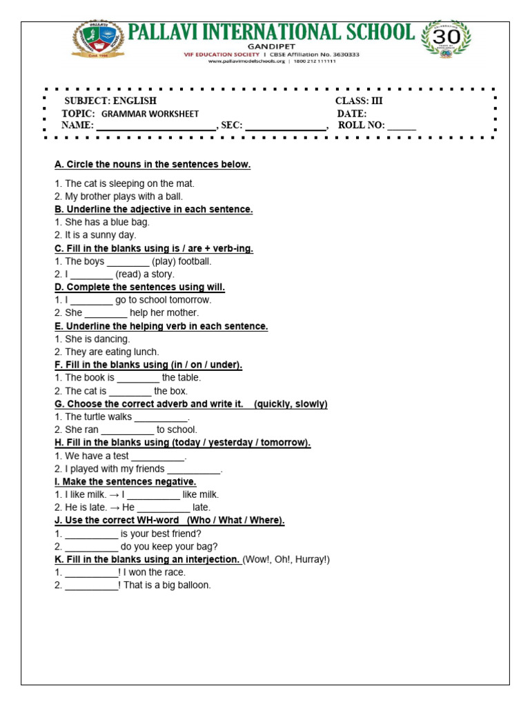 Class 3 Grammar and EVS Worksheets | PDF | Linguistics | Syntax