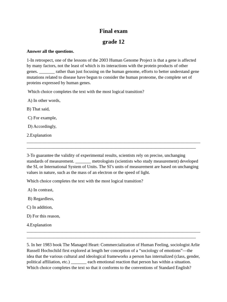 Grade 12 Final Exam Questions and Answers | PDF | Ancient Egypt ...