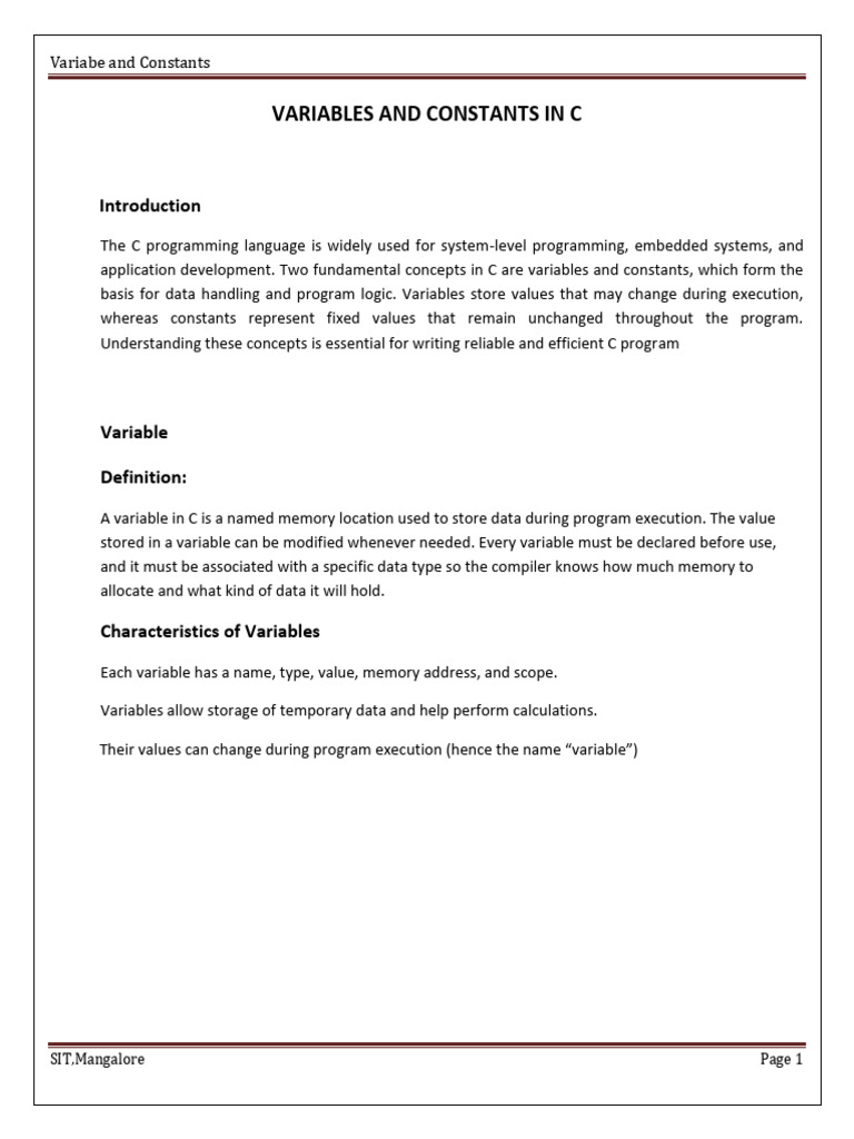 C Programming: Variables and Constants | PDF | Variable (Computer ...
