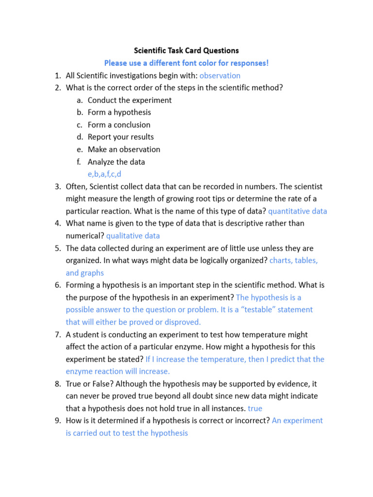 Scientific Method Task Card Questions | PDF | Experiment | Hypothesis