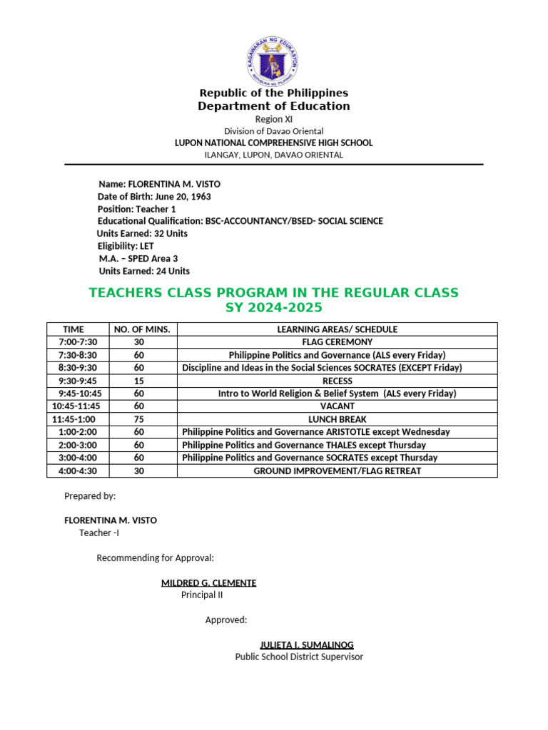 Lupon High School Class Program SY 2024-2025 | PDF
