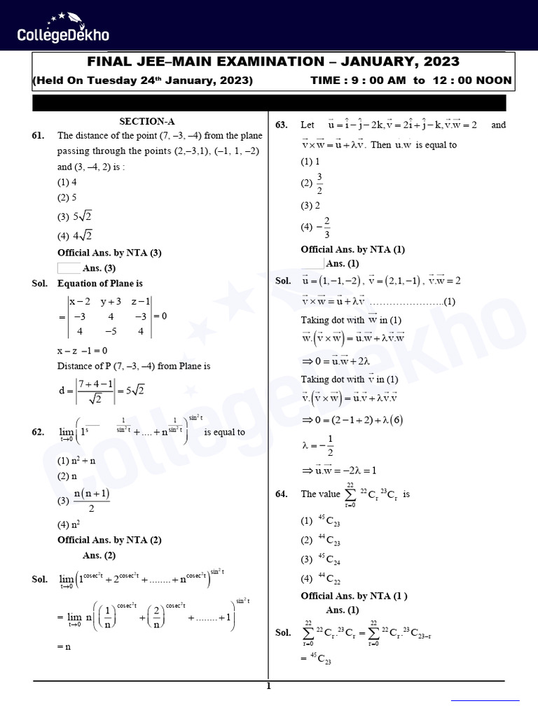 JEE Main 2023 Mathematics Solutions | PDF | Elementary Geometry | Geometry