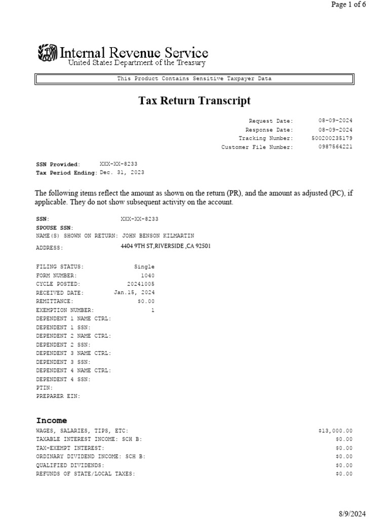 Tax Return Transcript for John Kilmartin | PDF | Tax Deduction ...