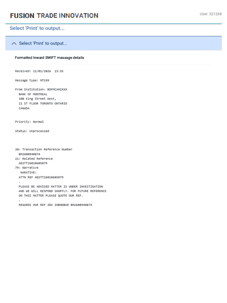 SWIFT MT199 Message Details | PDF