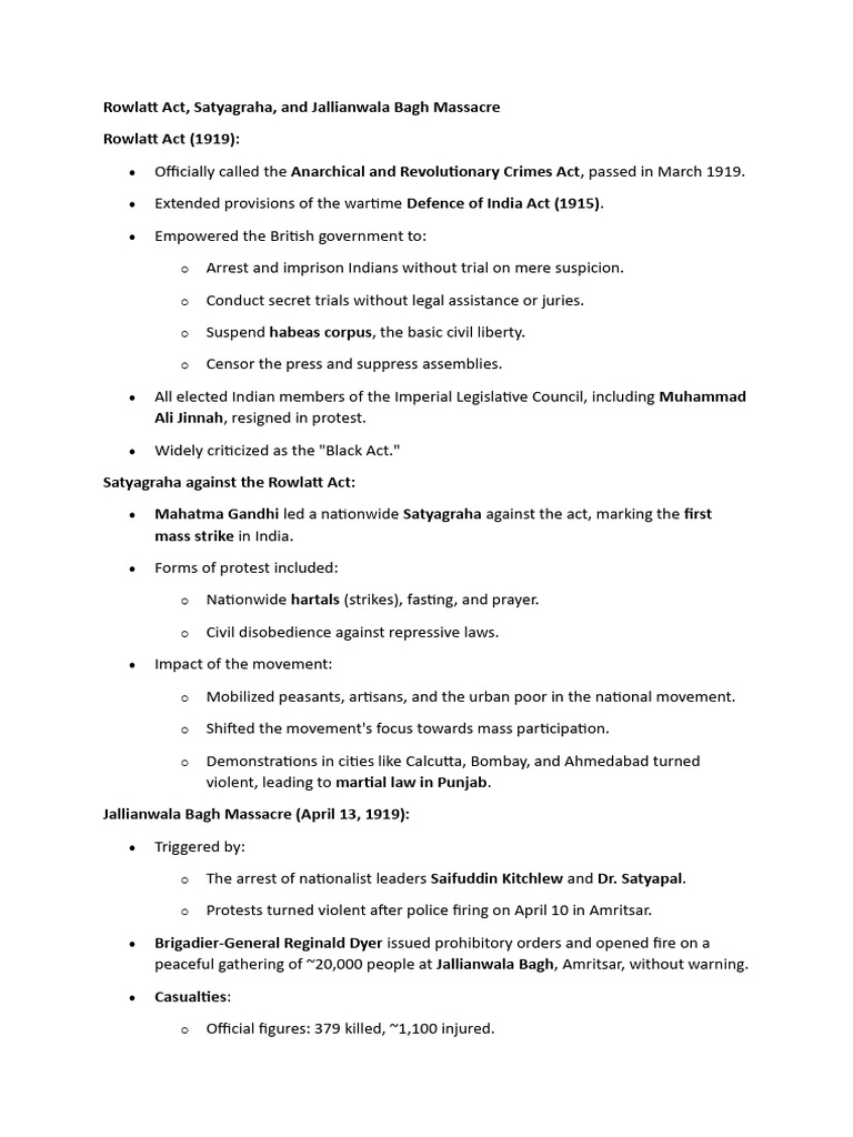 Rowlatt Act, Satyagraha & Jallianwala Bagh | PDF | Mahatma Gandhi ...