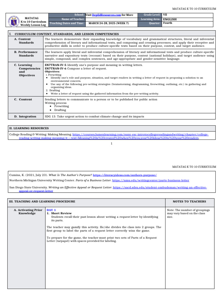 K to 10 English Lesson: Writing Requests | PDF | Reading Comprehension ...