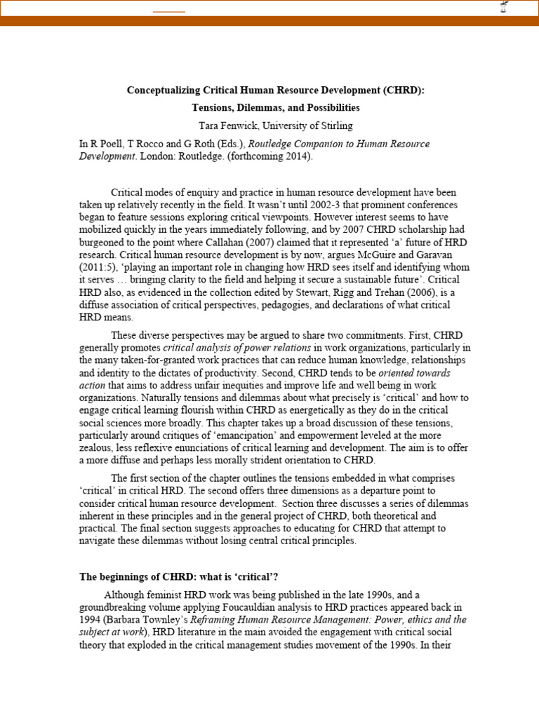 Conceptualizing Critical Human Resource Development (CHRD) : Tensions ...