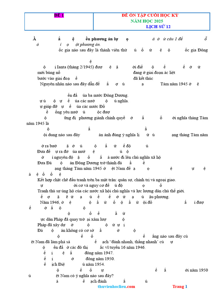 Bo de On Tap Cuoi Hoc Ky 1 Lich Su 12 Nam 25 26 | PDF