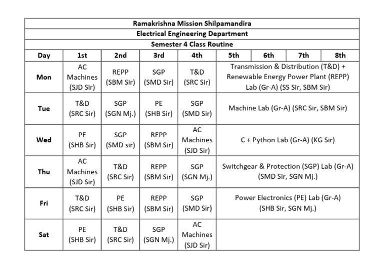 Semester 4 Class Schedule - Electrical Engineering | PDF