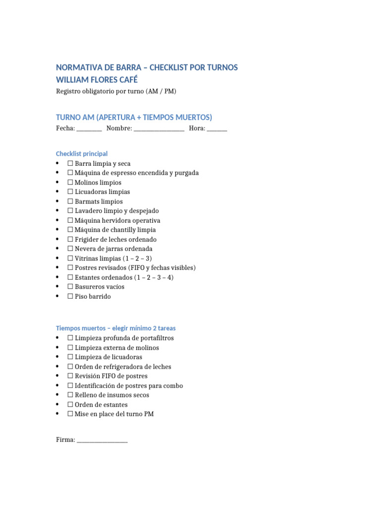 Checklist de Normativa de Barra por Turnos | PDF