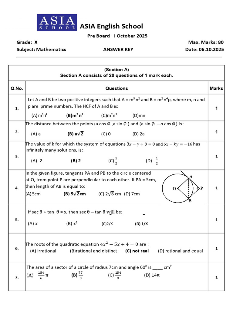 Mathematics Answer Key for Grade X | PDF | Circle | Equations