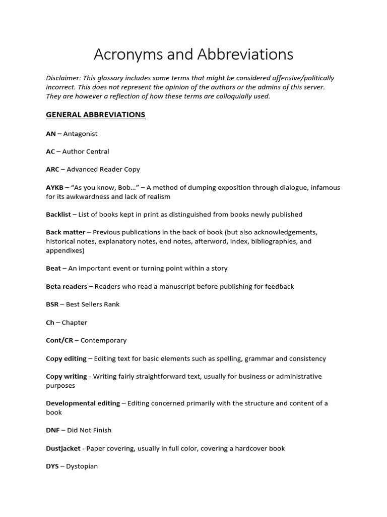 Glossary of Writing Acronyms & Terms | PDF | Books | Romance Novels