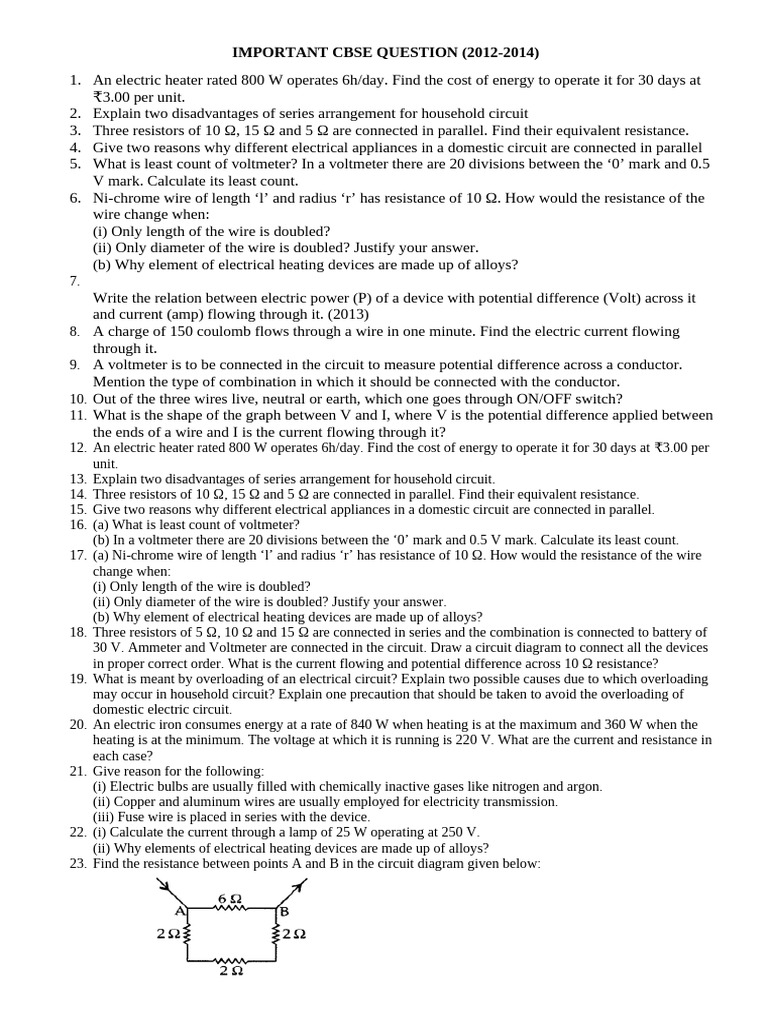 CBSE Electrical Concepts and Calculations | PDF | Voltage ...