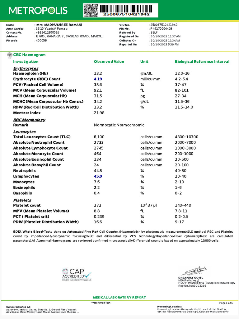 CBC Haemogram and Thyroid Profile Report | PDF | Hypothyroidism ...