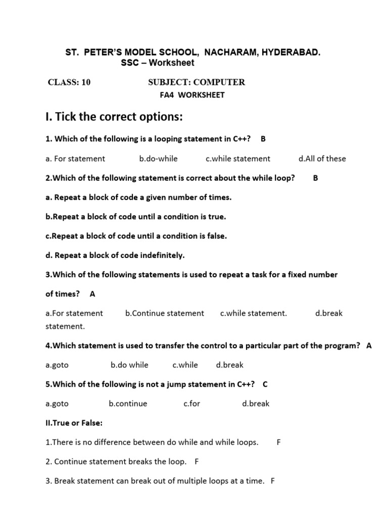 Class 10 C++ Worksheet on Loops | PDF