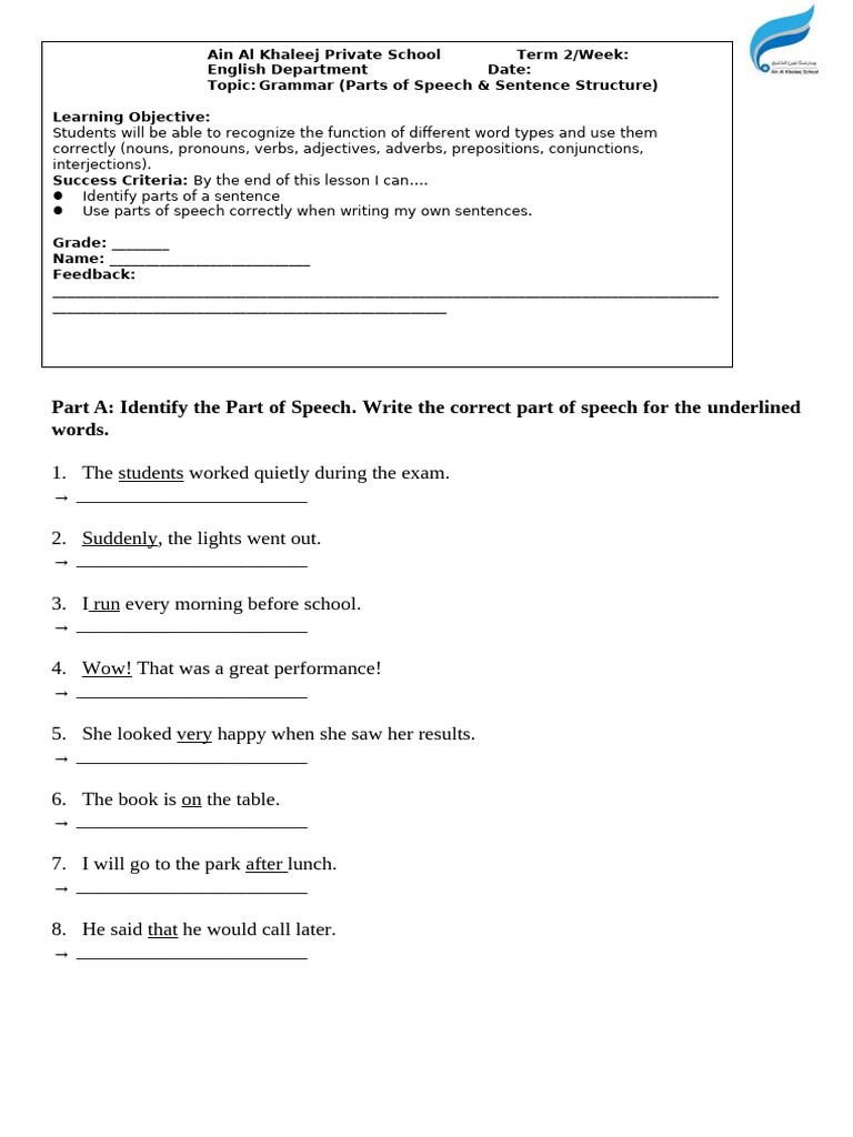 Parts of Speech Practice Worksheet | PDF | Part Of Speech | Adverb