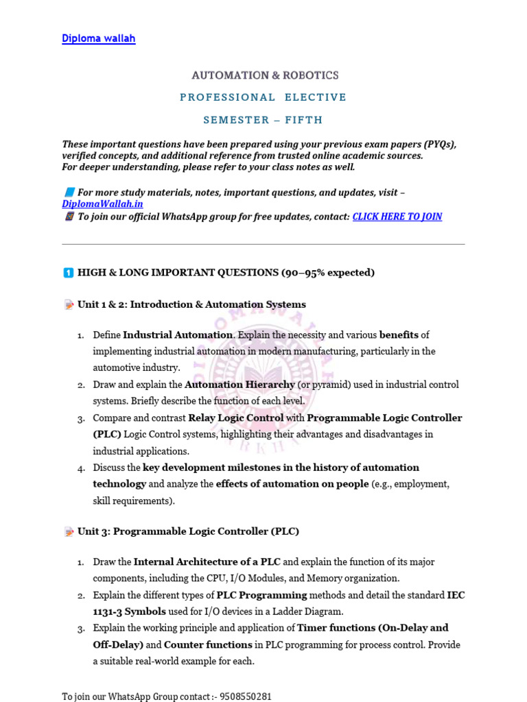 Important Questions on Automation & Robotics | PDF | Programmable Logic ...