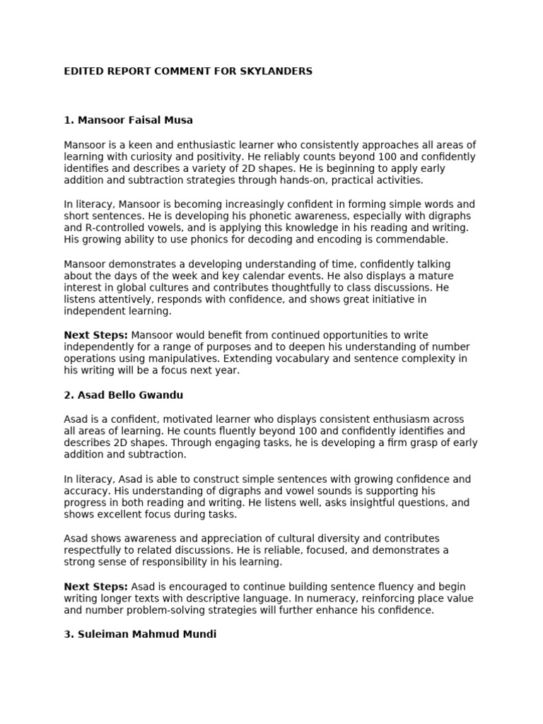 Skylanders Summer Report Comments | PDF | Phonics | Literacy