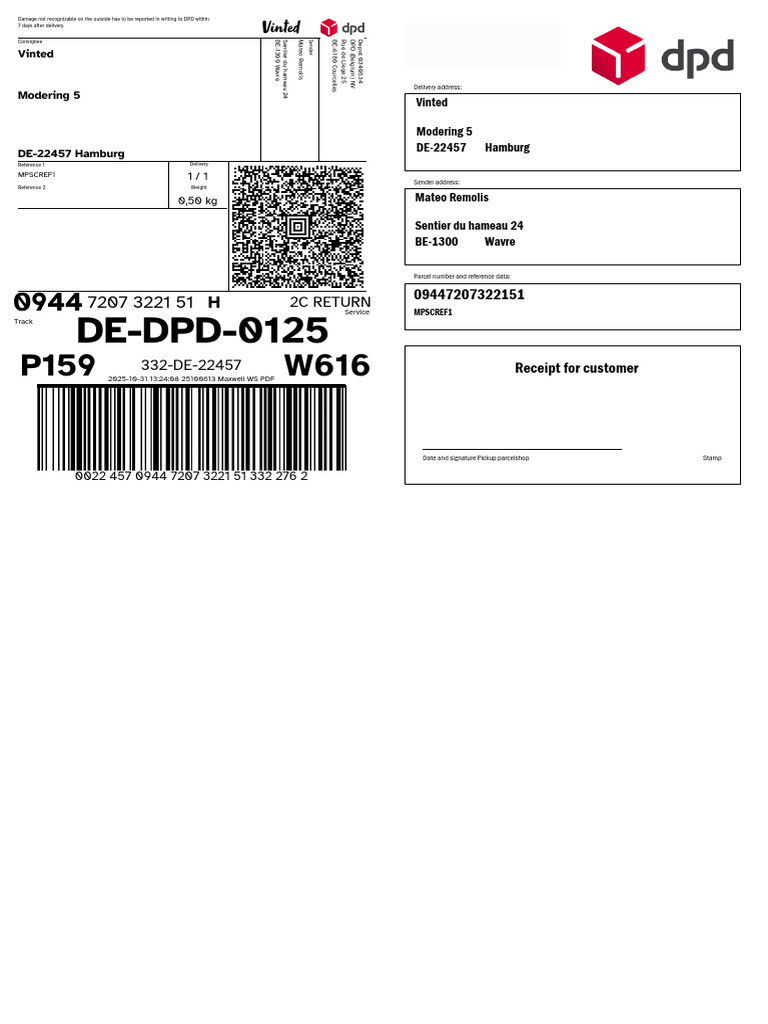 DPD Delivery Receipt for Vinted Return | PDF | Companies