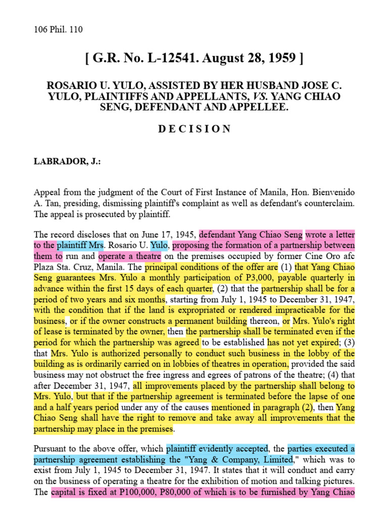 Yulo vs. Yang: Partnership Dispute Ruling | PDF | Lease | Partnership