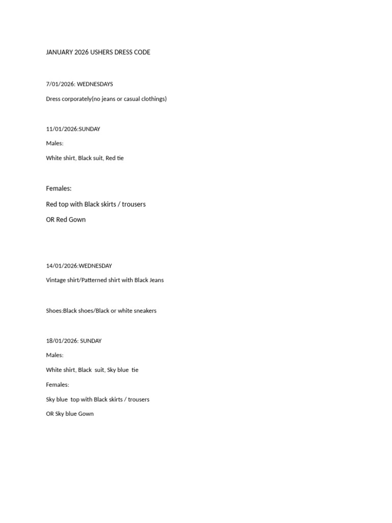 January 2026 Ushers Dress Code Guide | PDF