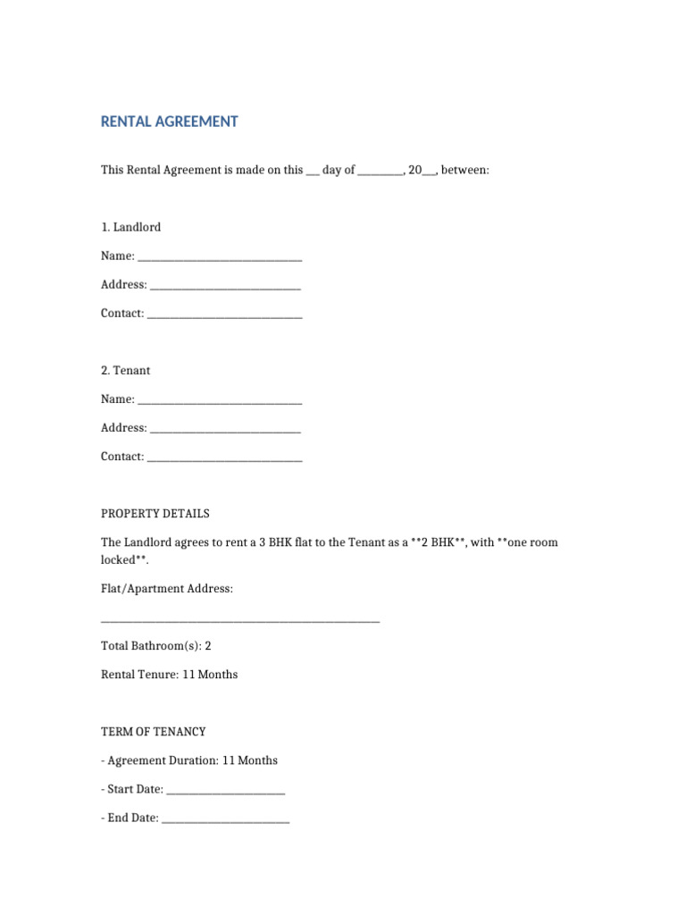 11-Month Rental Agreement for 2 BHK Flat | PDF | Leasehold Estate | Lease