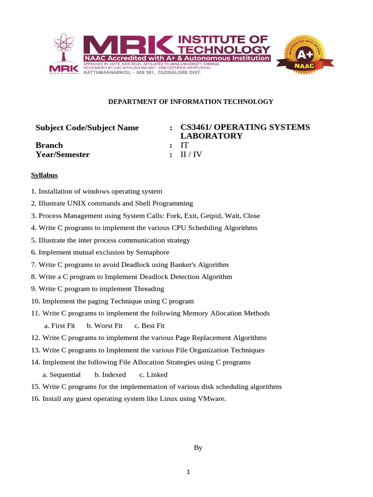 Operating Systems Lab Syllabus and Tasks | PDF | Operating System ...