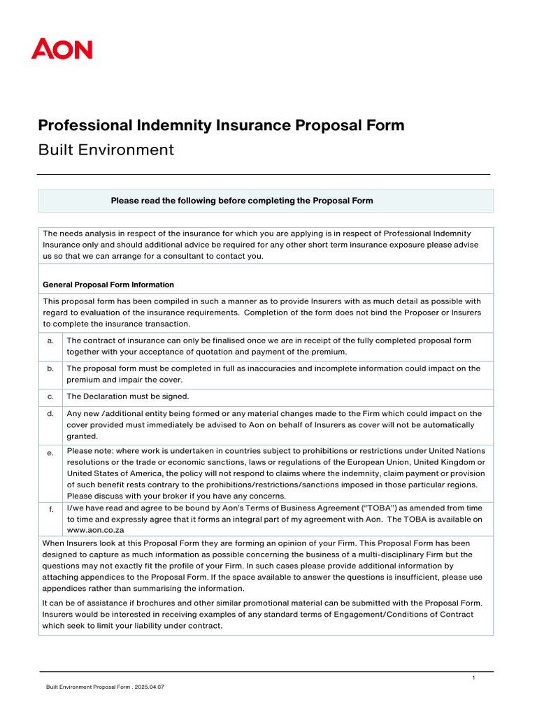 Professional Indemnity Insurance Form | PDF | Insurance | Waste