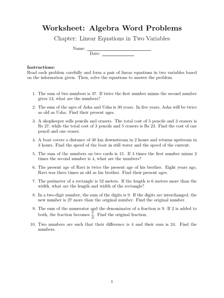 Algebra Word Problems Worksheet | PDF