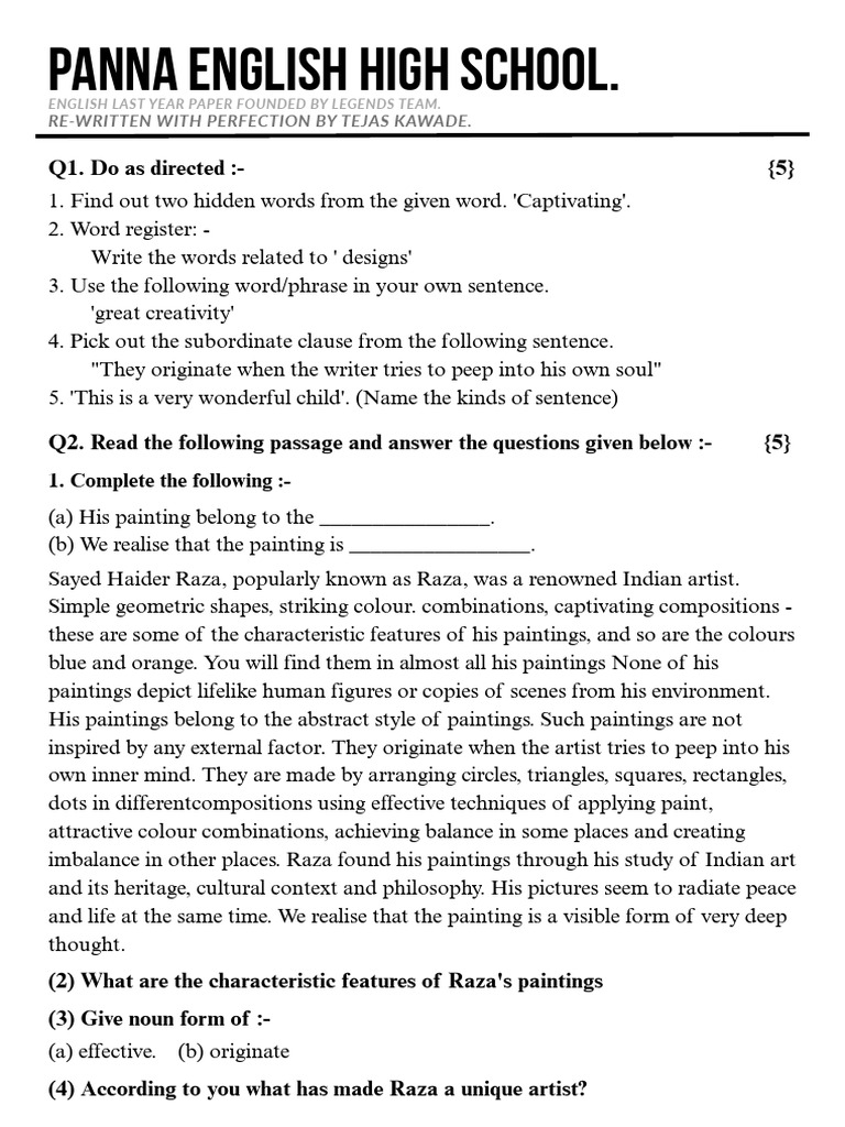 English Exam Paper for Std IX Students | PDF | Paintings