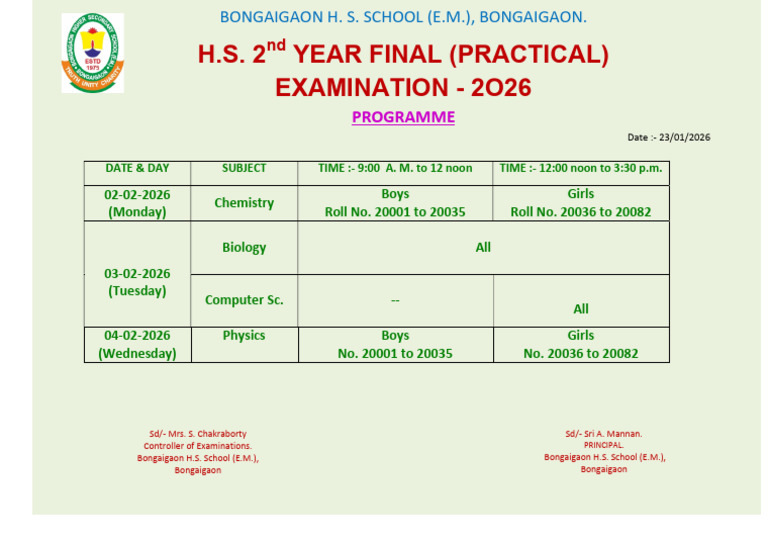 Bongaigaon H.S. 2nd Year Exam Schedule | PDF