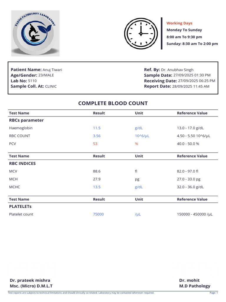 Complete Blood Count Report for Anuj Tiwari | PDF | White Blood Cell ...