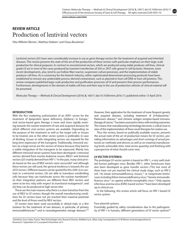 Advances in Lentiviral Vector Production | PDF | Viral Vector | Vector ...