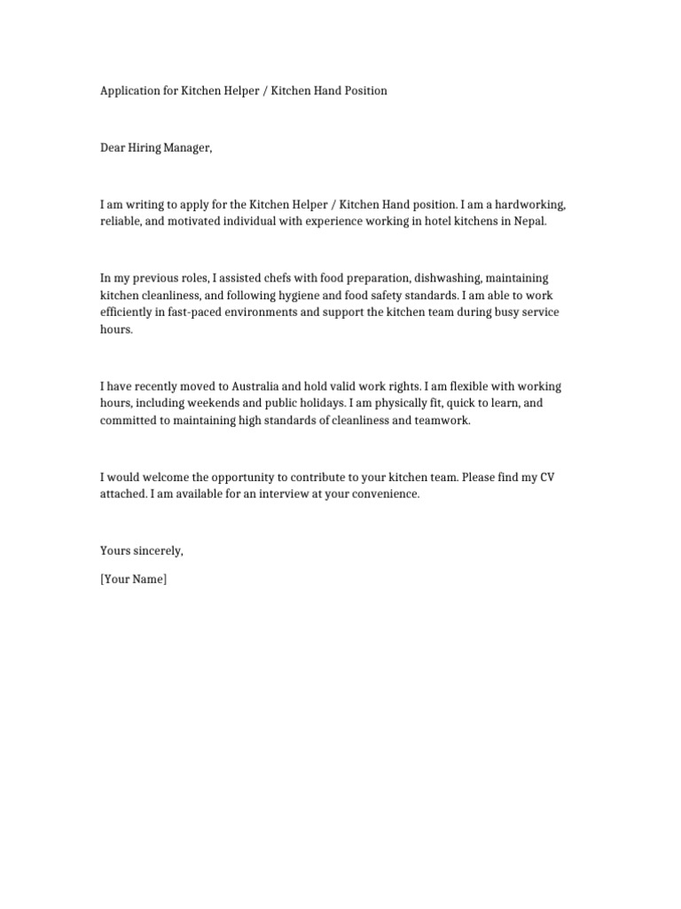 Kitchen Helper Application Letter | PDF