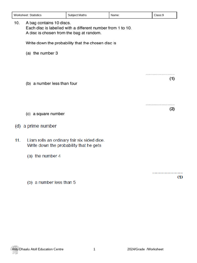 Grade 9 Maths Statistics Worksheet | PDF
