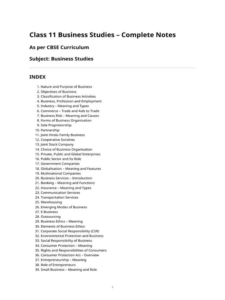 Class 11 Business Studies Notes Guide | PDF | Business | Employment
