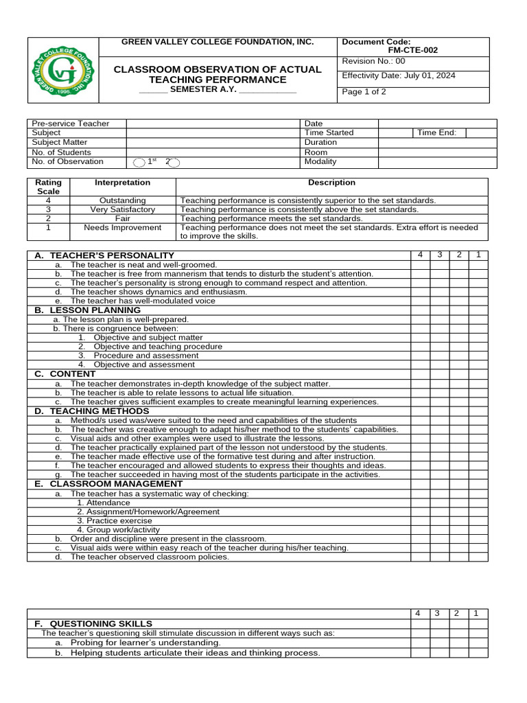 Classroom Observation Evaluation Form | PDF | Teachers | Thought