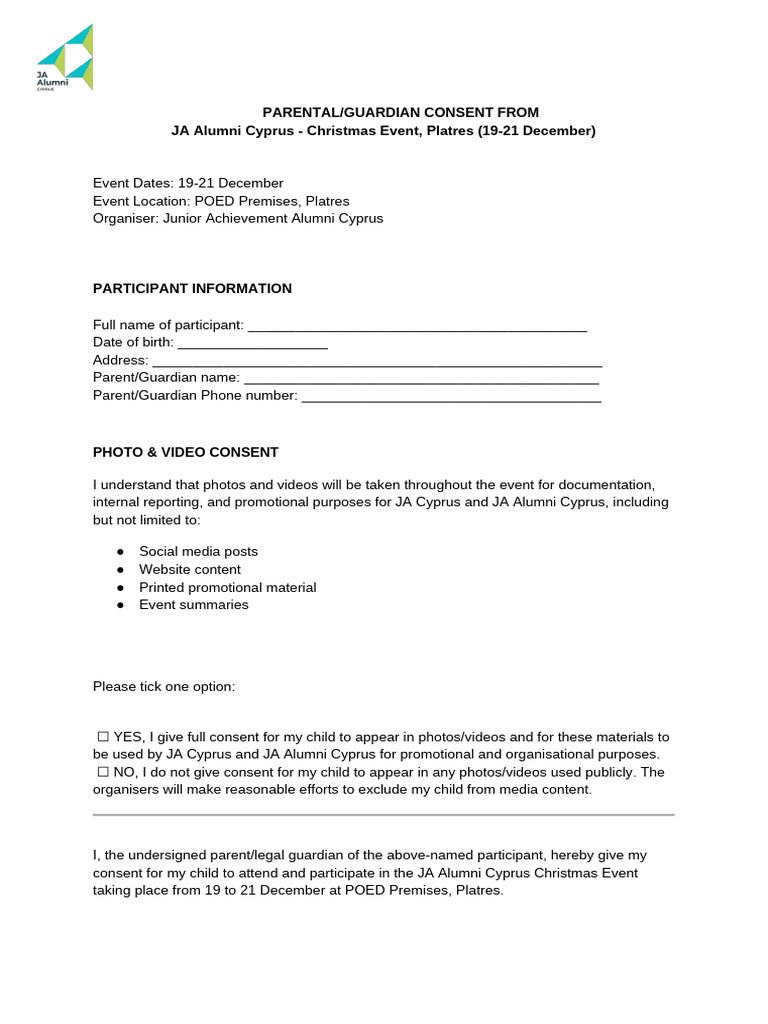 JA Alumni Cyprus Christmas Event Consent | PDF